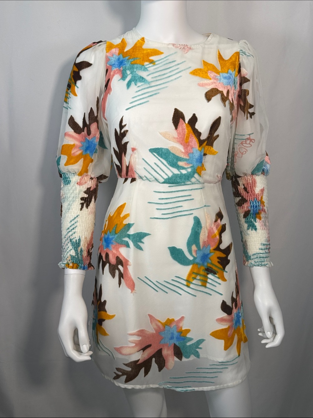 Never Fully Dressed Watercolor Floral Smocked Chiffon Mini Dress Sz 2